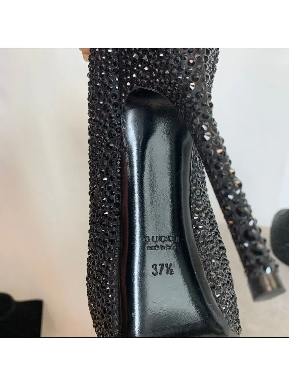 Gucci Black Satin Strass Embroidered Sofia Etoile Peep Toe Pumps Size 37.5 🔥